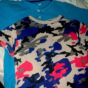 Boys 10-12 3 shirts one colored blue one army print and one tank grey